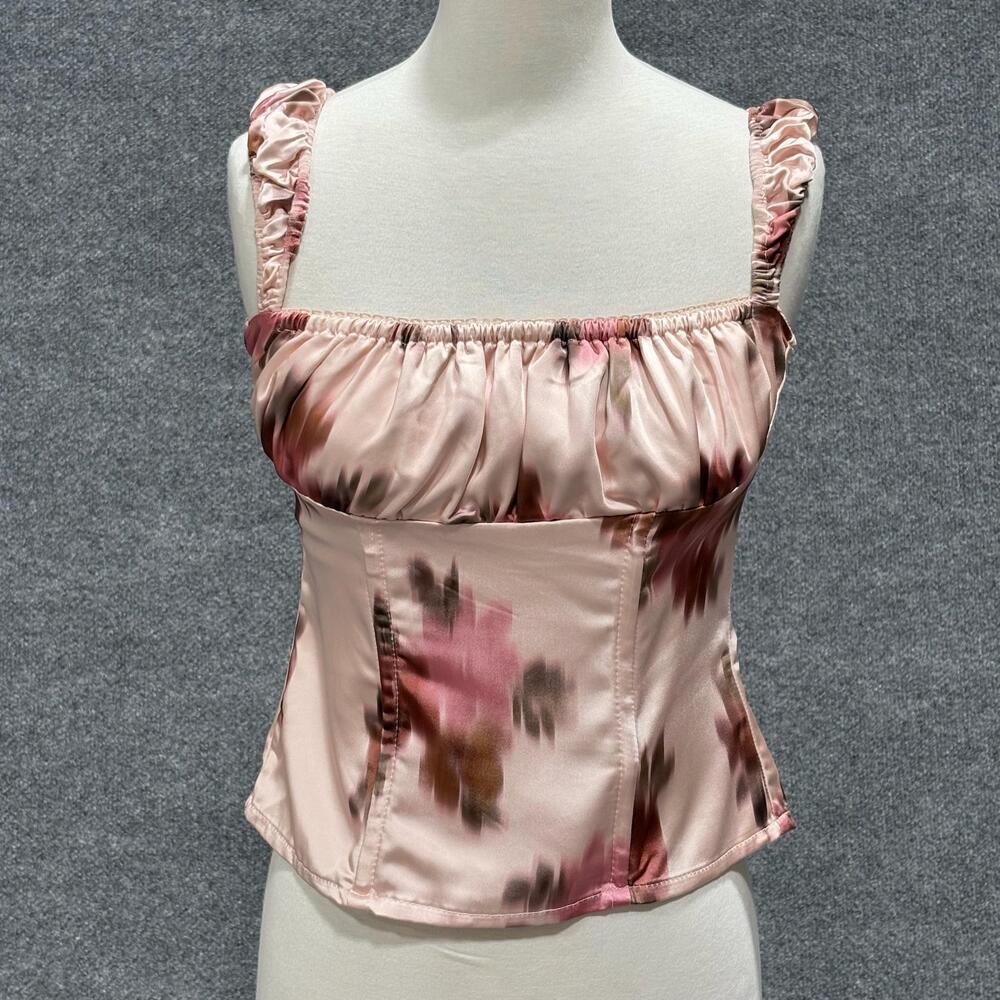 WEWOREWHAT Tank Top Womens 6 Pink Floral Satin Ruffle Strap Cropped Bustier